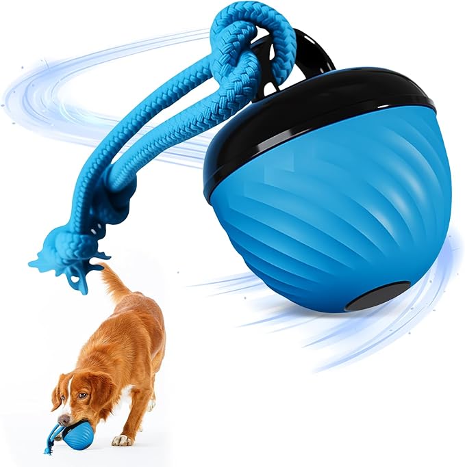 Interactive Dog Toys Ball, 2025 Smart Pet Puppy Ball with Ropes for Indoor Dogs, Path Electric Automatic Moving and Rolling Dogs Toy for Small Medium Large Dogs Daily Training (Bule)