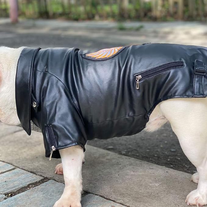 Lovelonglong Cool Dog Leather Jacket, Warm Coats Dogs Windproof Cold Weather Coats for Large Medium Small Dogs with Eagle Embroidery Black B-S