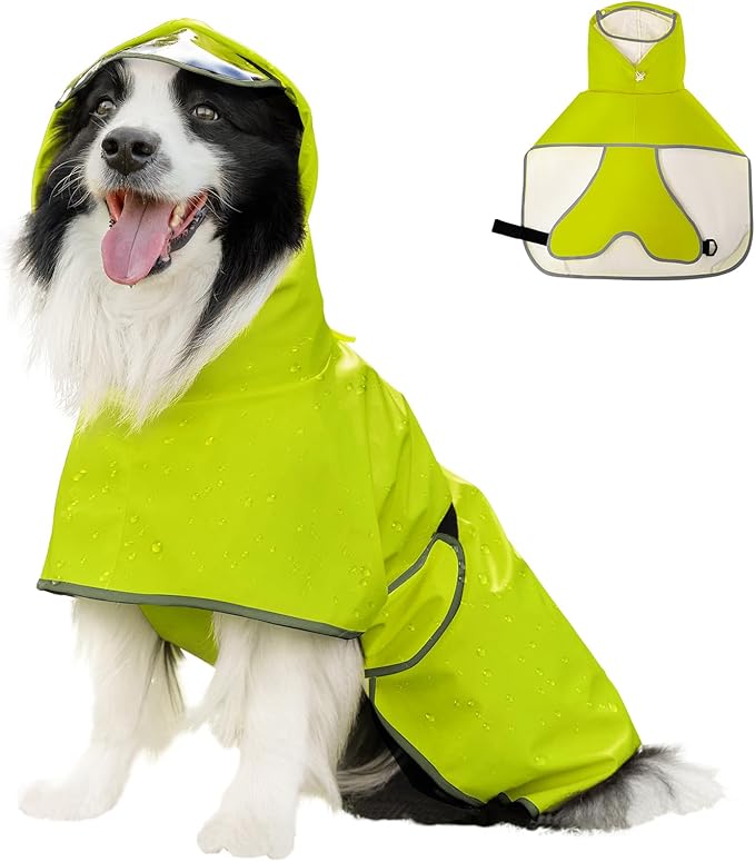 Dog Raincoat, Waterproof Windproof Dog Rain Jacket with Hood, Rain Coat with Leash Hole, Adjustable Raincoat Poncho for Small Medium Large Dogs Outdoor (Neon Yellow, Large)