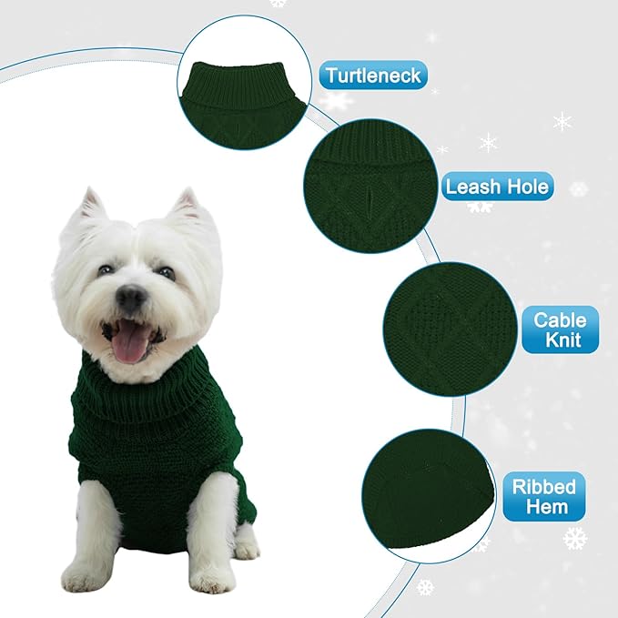 Mihachi Turtleneck Dog Sweater - Winter Coat Apparel Classic Cable Knit Clothes with Leash Hole for Cold Weather, Ideal Gift for Pet in New Year Army Green X-Small