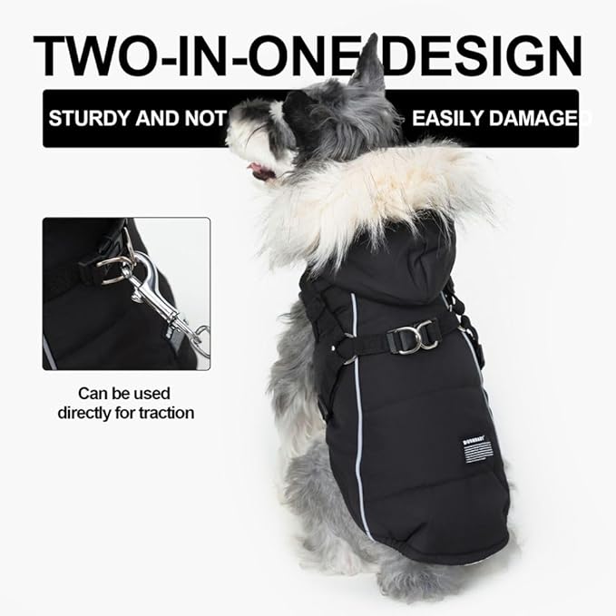 PINA Dog Winter Coat with Waterproof Fabric and Faux Fur Hood, Black, 2XL