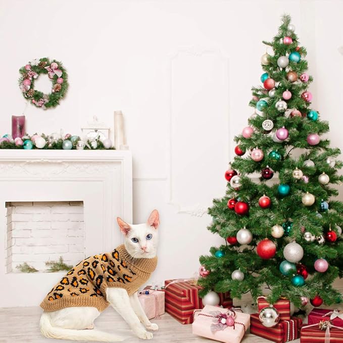Mihachi Winter Warm Cat Sweater Turtleneck Puppy Pets Sweater Knit Vest Fashion Leopard for Cats Puppy Small Animals Brown Medium