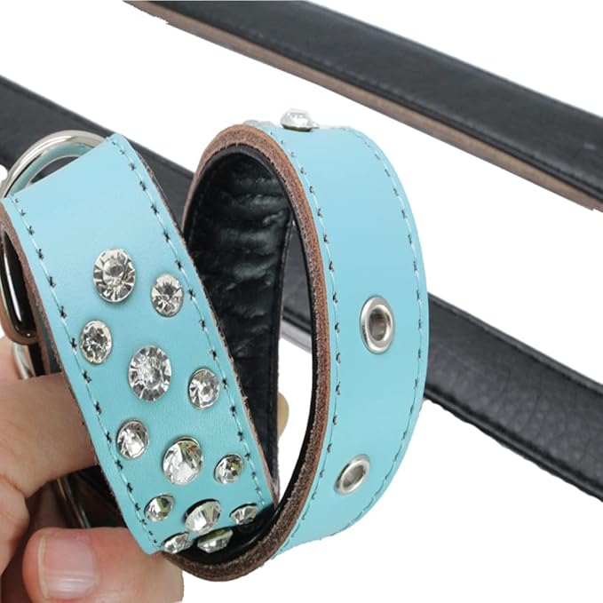 Rhinestones Dog Collar, Adjustable Sparkly Crystal Studded Genuine Leather Pet Dog Collar for Small and Medium Dogs (M, White)