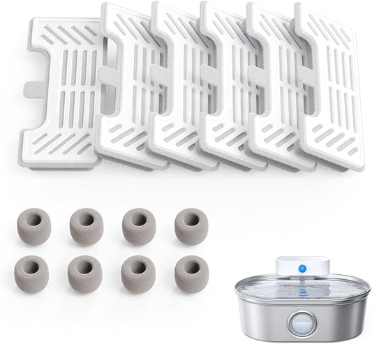uahpet 6 Pack Replacement Filters & 8 Pack Replacement Filter Sponges for Stainless Steel Pet Fountain Pro (with water level window version), water fountain is not included