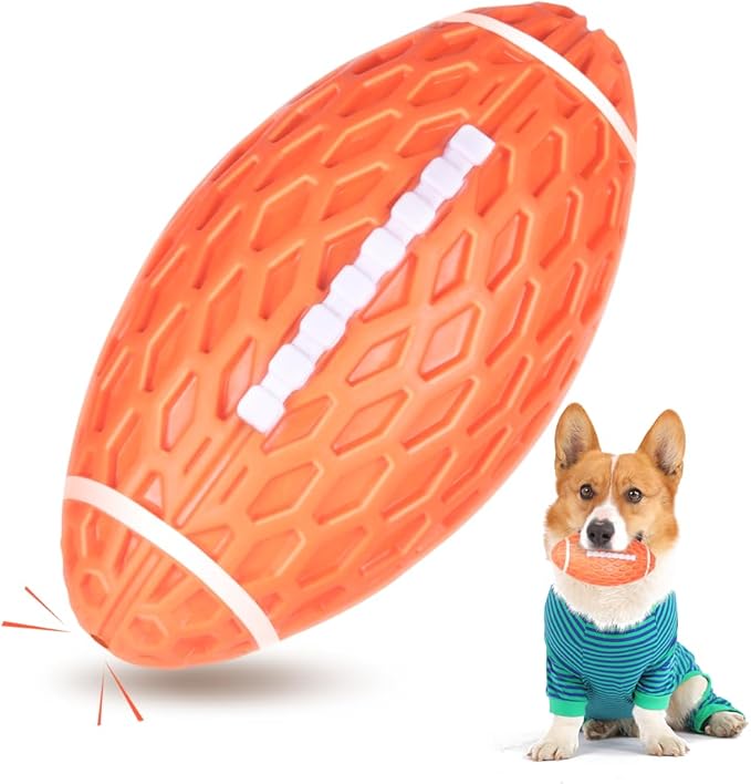 AUSCAT Squeaky Dog Football Toy for Aggressive Chewers, Tough Rubber Dog Ball for Medium Large Dogs, Orange, 5.5"