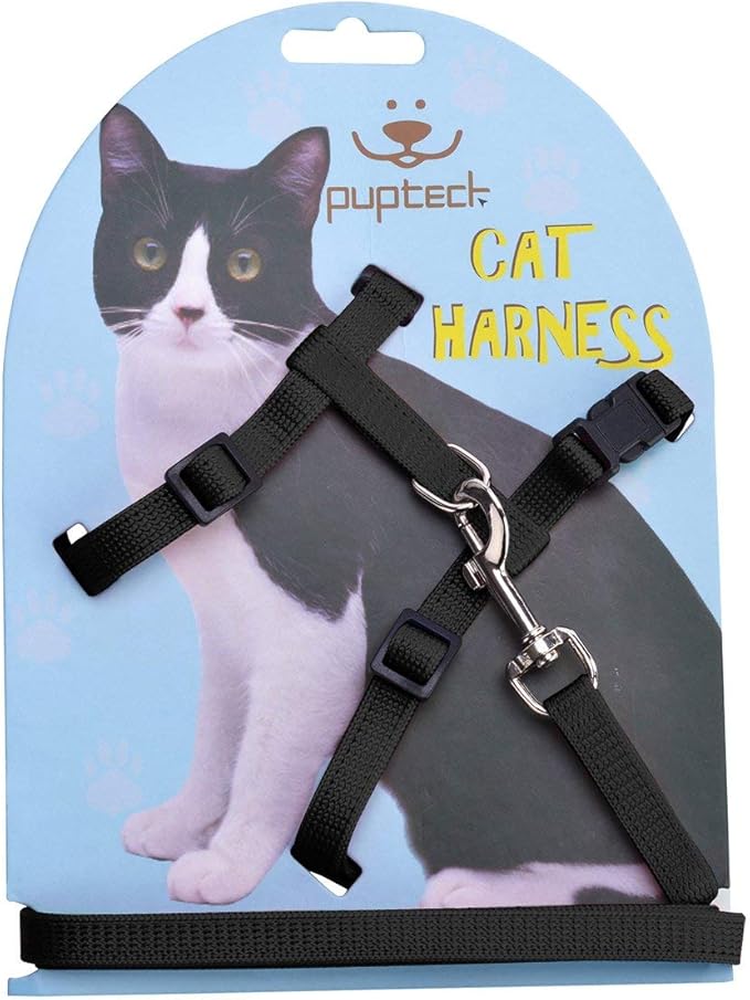 PUPTECK Adjustable Cat Harness and Leash Set Escape Proof Kitten Strap Collar for Walking Travel, Black, M