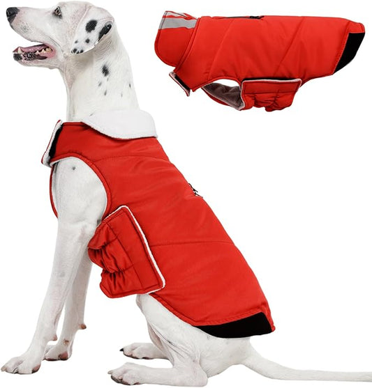 Kuoser Dog Coat Large, Cold Weather Reflective Waterproof Dogs Jacket with Warm Fleece Lining, Turtleneck Dog Winter Coat with Zipper, Doggy Snow Jacket Pet Coats for Small Medium Large Dogs, Red XL