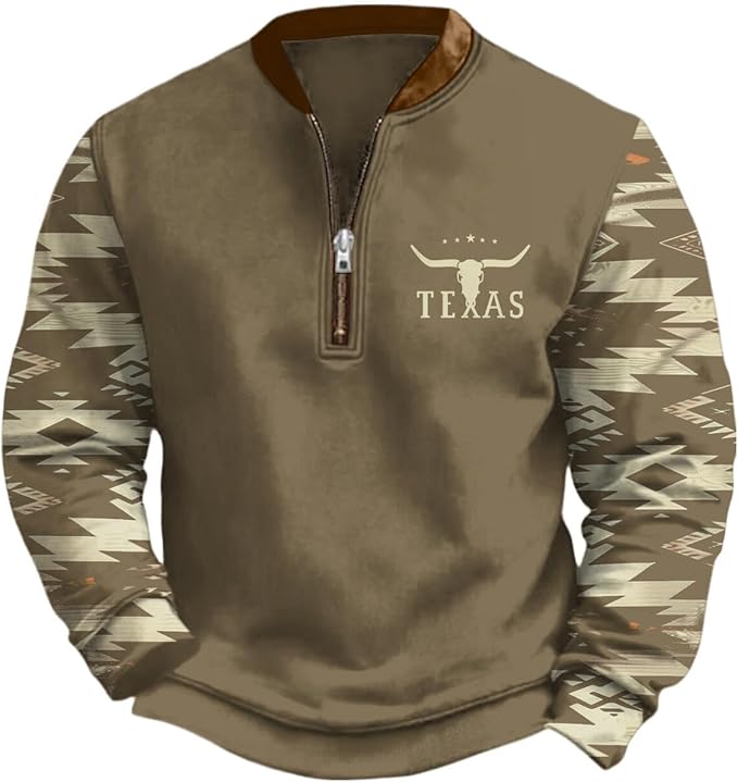 HOTYD Aztec Cowboy Jacket Men Vintage Bullhorn Printed Oversized Western Sweatshirt Long Sleeve Quarter Zip Pullover