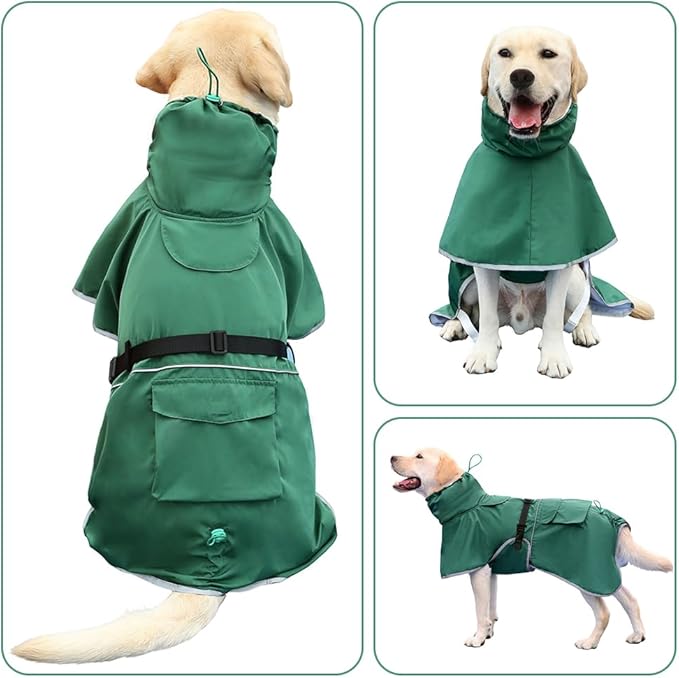 Reflective Dog Raincoat Waterproof Adjustable Dog Hooded Poncho Raincoat for Medium Large Dogs, Lightweight Pet Rain Jacket (Green, 3XL)