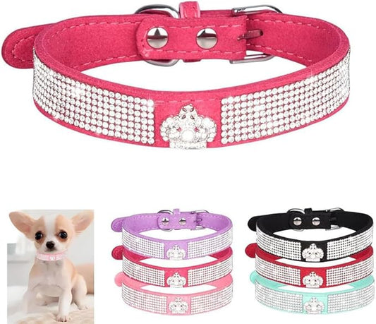 Serijoars Small Dog Collar with Rhinestone Crystal Diamond Colorful Bling Girl Puppy Cat Collars (XS, Hot Pink4)