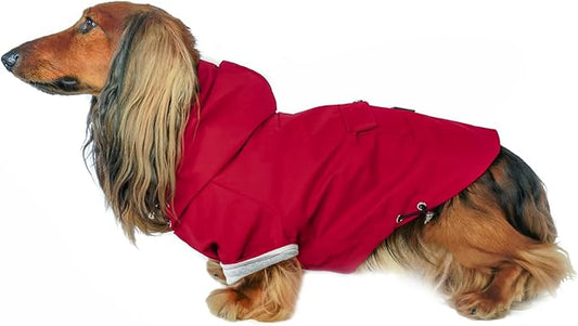 DJANGO Highland Dog Jacket & Raincoat – Water-Repellent, Lined Dog Coat with Hood, Adjustable Fit & Harness Hole – Lightweight Rain & Wind Jacket for Small & Medium Dogs up to 30 lbs (Red, Large)