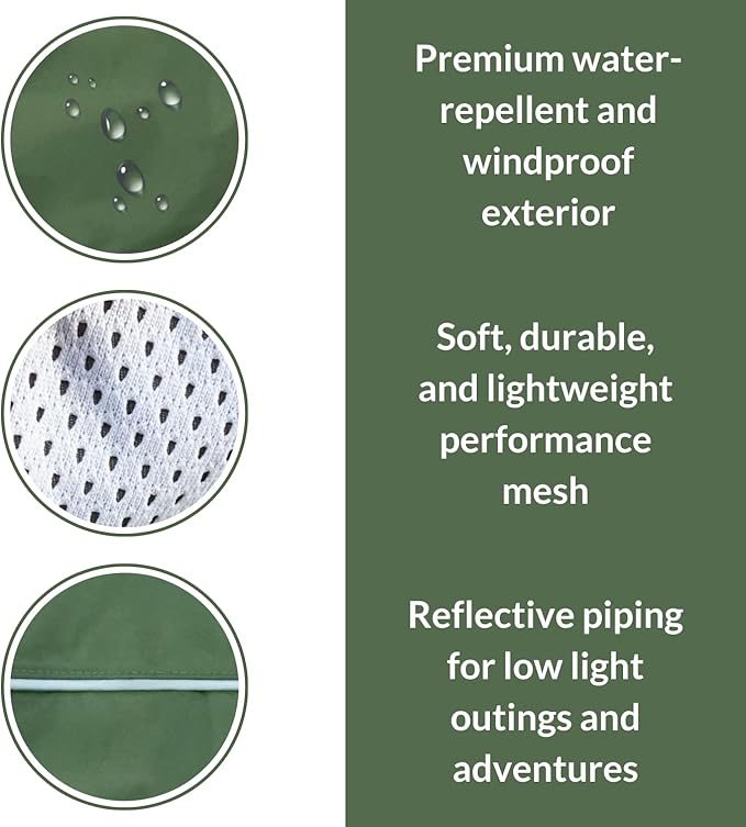 DJANGO Dog Jacket & Raincoat – Lightweight Water-Resistant Coat for Small, Medium & Long Dogs Like Dachshunds – Reflective, Adjustable Fit, Harness-Compatible & Easy-Access Harness Hole - Green, Large