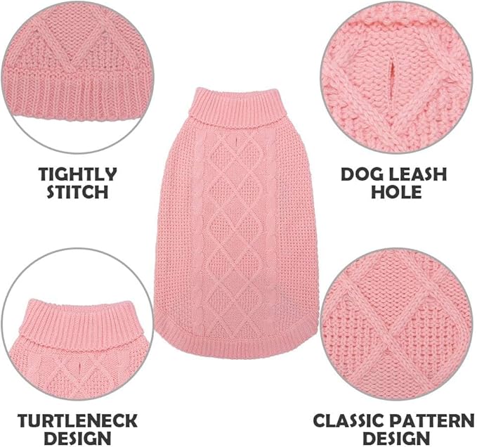 Mihachi Turtleneck Dog Sweater - Winter Coat Apparel Classic Cable Knit Clothes with Leash Hole for Cold Weather, Ideal Gift for Pet in New Year Flesh Pink Large