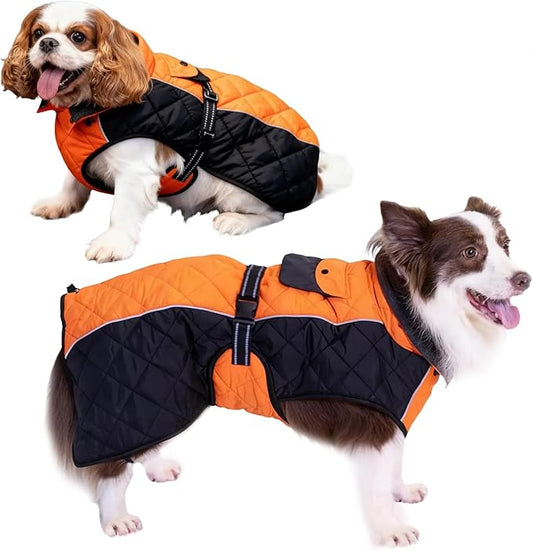 Dog Coat Dogs Winter Coat- Fleece Lined,Water-Resistant,Convertible Collar,Back Reflective Strip&Easy to Wear for Outdoor Walking Dog-Jacket(Orange, XX-Large)
