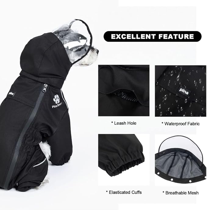 PINA Waterproof Dog Jacket with Hood, Lightweight with Leash Hole, Dog Poncho with Reflective Strap - Full Wrap protect