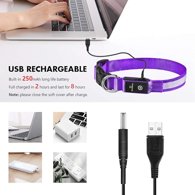 MASBRILL LED Dog Collar - Rechargeable Glow Flashing Purple, Waterproof - 4 Colors, 3 Sizes for Small to Large Dogs (L: 23.62")