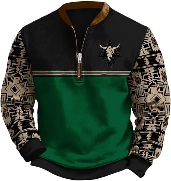 HOTYD Aztec Cowboy Jacket Men Vintage Bullhorn Printed Oversized Western Sweatshirt Long Sleeve Quarter Zip Pullover