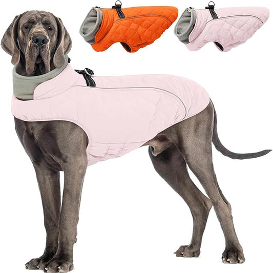 Dog Coat with Harness Built in -Pink,2XL- Fleece Lined Dog Snow Jacket Snowsuit，Adjustable Reflective Winter Warm Cold Weather Coat