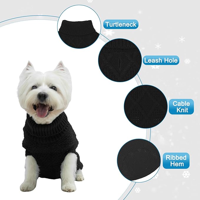 Mihachi Turtleneck Dog Sweater - Winter Coat Apparel Classic Cable Knit Clothes with Leash Hole for Cold Weather, Ideal Gift for Pet in New Year Black Small