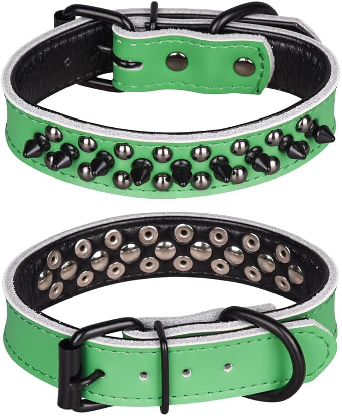 Adjustable Genuine Leather Spiked Studded Dog Collars for Small Medium Large Pets Like Pit Bull Bulldog Pugs Husky (L, Green1)