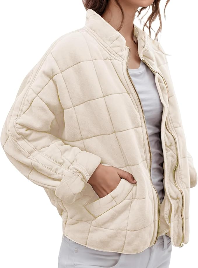 LIZALIG Warm Padded Coat for Women Full Zip Quilted Jackets Winter Oversized Causal Solid Color Stand Collar Pockets Coat