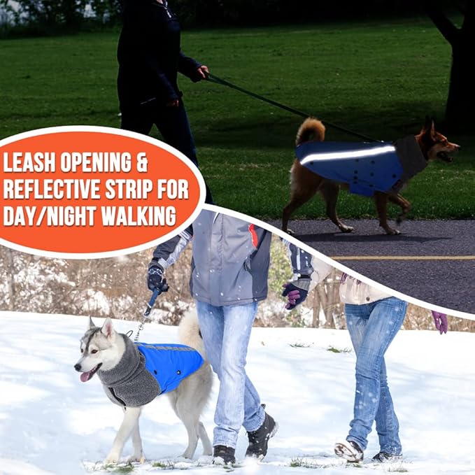 SlowTon Winter Dog Coat, Warm Polar Fleece Lining Doggie Outdoor Jacket with Turtleneck Scarf Reflective Stripe Adjustable Waterproof Windproof Puppy Vest Soft Pet Outfits (M+,Blue)