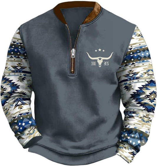 HOTYD Aztec Cowboy Jacket Men Vintage Bullhorn Printed Oversized Western Sweatshirt Long Sleeve Quarter Zip Pullover
