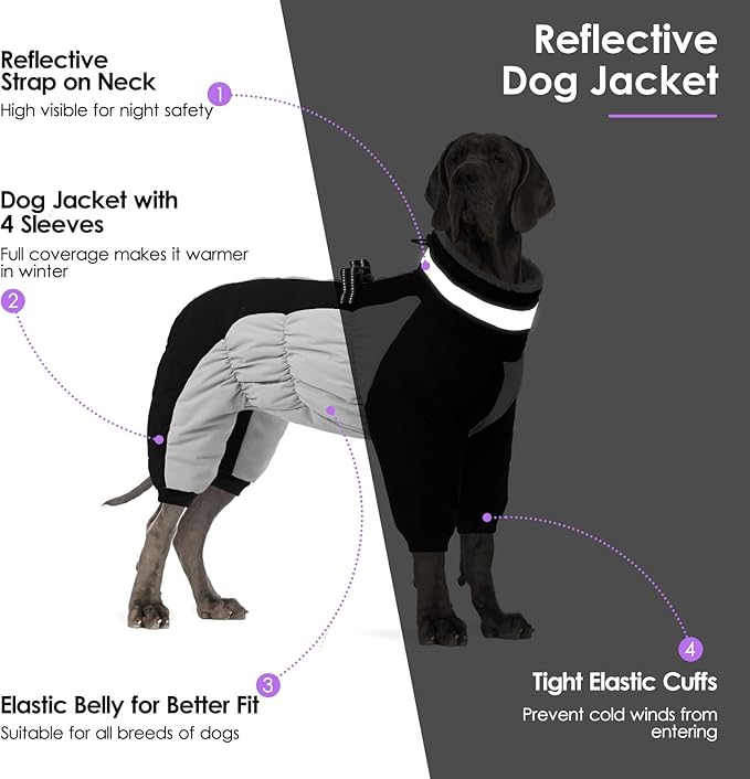 SUNFURA Full Body Dog Coat - Warm Fleece Jacket for Large Dogs, Turtleneck Winter Coats with Harness, Reflective Dog Snowsuit Windproof Puffer Jackets with Legs for Weimaraner, Black XL