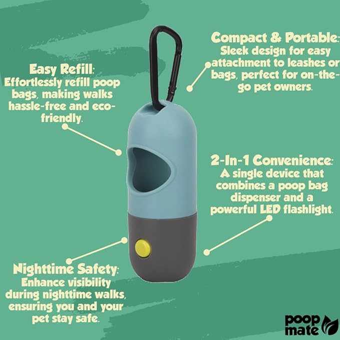Dog Poop Bag Holder with Flashlight - Waste Bag Dispenser for Night Walks - Durable, Portable with Leash Clip & Carabiner - Includes 15 Dog Poop Bags - Green