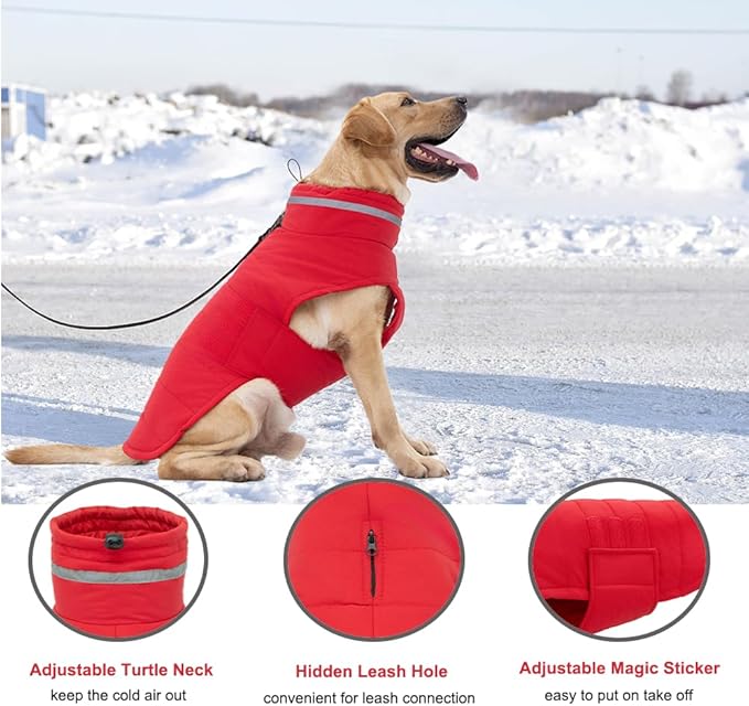 Dog Coat, Waterproof Winter Jacket, Warm Windproof Jacket, Reflective Adjustable Turtleneck Coats for Medium Dogs with Hook & Loop - Red - M