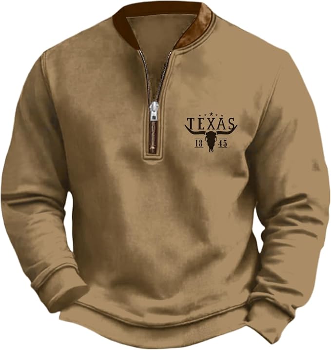 HOTYD Aztec Cowboy Jacket Men Vintage Bullhorn Printed Oversized Western Sweatshirt Long Sleeve Quarter Zip Pullover
