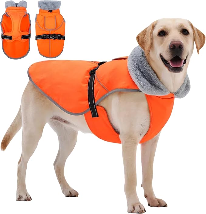 Insulated Dog Winter Jacket with 2 Layer Warmth, Hard Shell Pet Coat with Full-Body Reflective Strip, Waterproof & Thick Coats for Large Dogs with Leash Portal, Durable 3D Belly Cut Clothes(Orange, L)