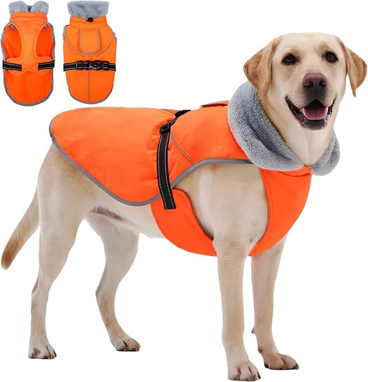 Insulated Relaxed Fit Dog Winter Jacket with Full-Body Reflective Strip, Hard Shell Pet Coat for Outdoor, Waterproof & Adjustable Coats for Large Dogs, Soft Fur Collar Clothes for Bulldog(Orange, XL)