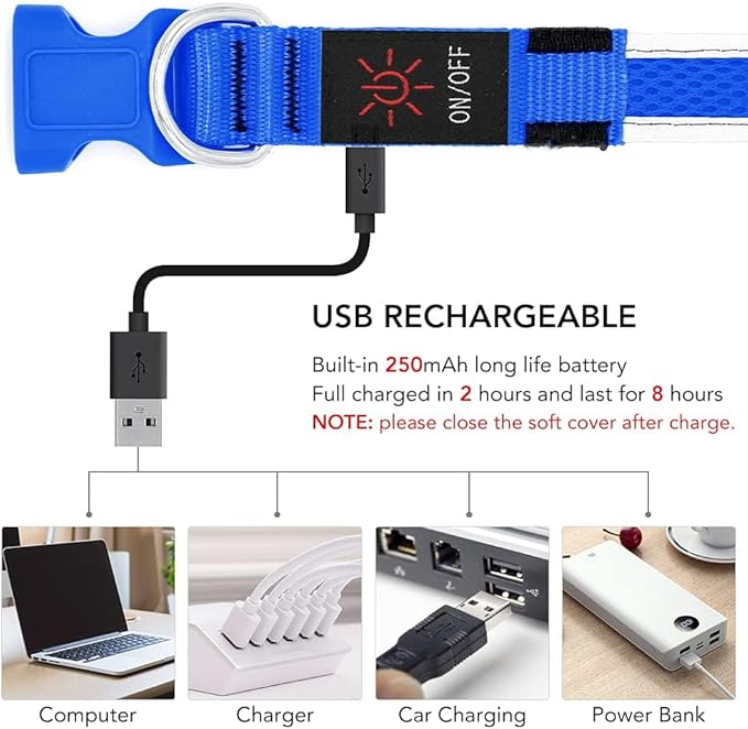 YFbrite Light up Dog Collar, USB Rechargeable LED Puppy Collar Super Bright Adjustable Glowing Dog Lights for Night Walking (Blue, Small)