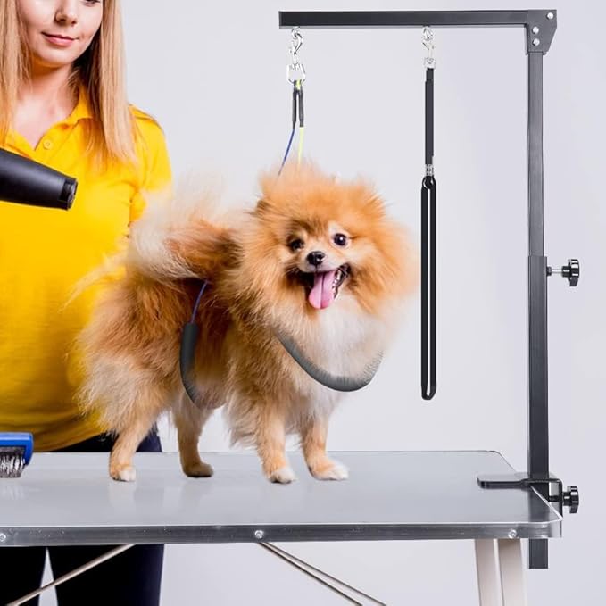 Dog Grooming Arm with Clamp, Heavy Duty Pet Grooming Table Arm with Grooming Hammock, Loop Noose & Two No-Sit Haunch Holder, 36" Height Adjustable for Medium & Small Pets, Black