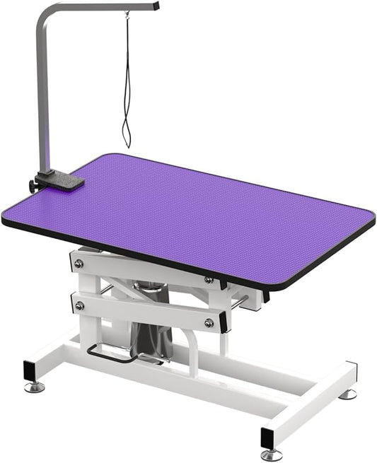 Hydraulic Dog Pet Grooming Table, 42 Inch Heavy Duty Z Lift Structure Professional Dog Grooming Table Suitable for Large Dogs at Home with Adjustable Arms, Clamps and 2 Grooming Noose, Purple