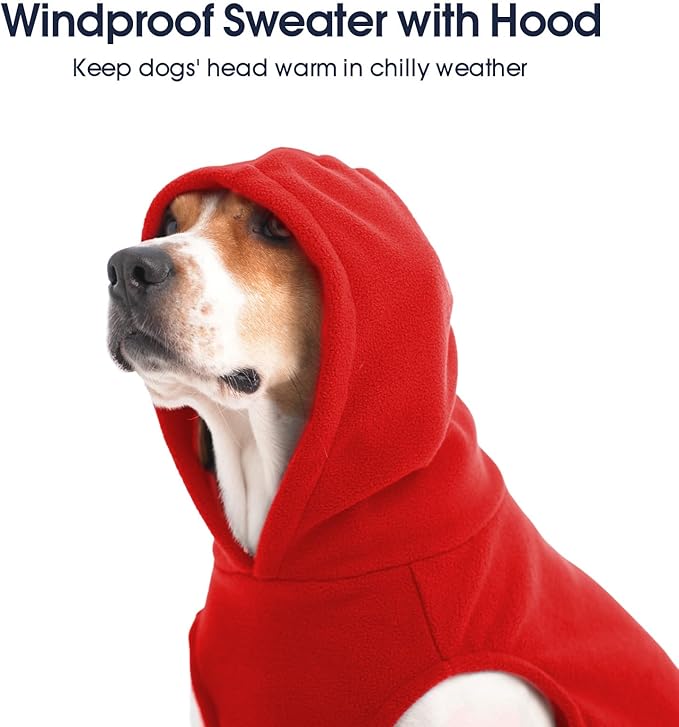 IECOii XL Dog Sweater & Pullover Hoodie for Large Dogs, Warm Fleece Layer with Hood for Cold Weather, Boys & Girls, Red, Size XL