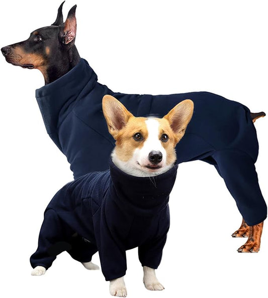 ROZKITCH Dog Pajama with Leg Warmers, Pet Windproof Warm Cold Weather Jacket Vest Cozy Jumpsuit Apparel Outfit Clothes for Large Giant Dog Walking Hiking Sleep Blue 4XL