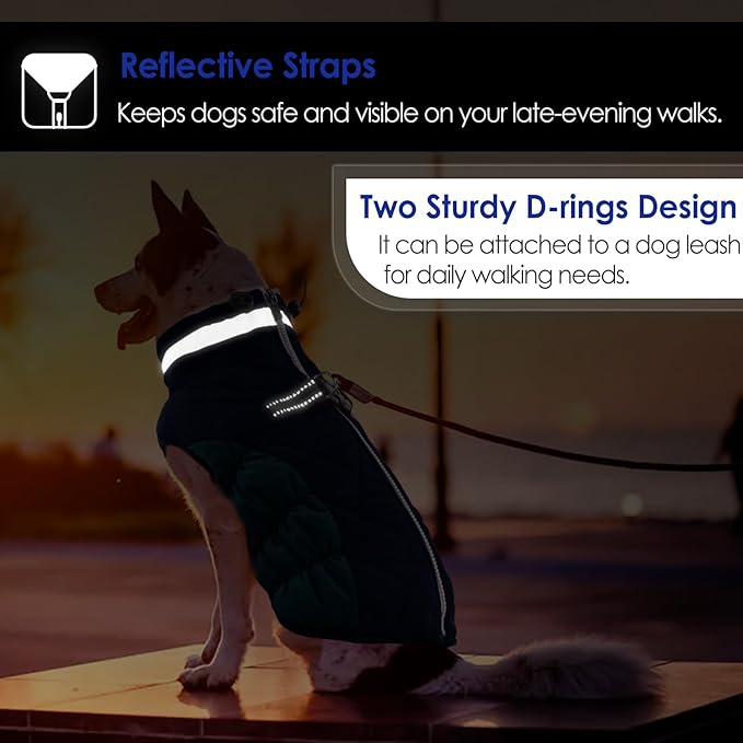 AOFITEE Dog Coat, Warm Dog Jacket, Reflective Winter Coats for Medium Dogs, Turtleneck Dogs Winter Jacket with Harness Built in, Waterproof Windproof Pet Fleece Vest Puffer Jacket, Navy M