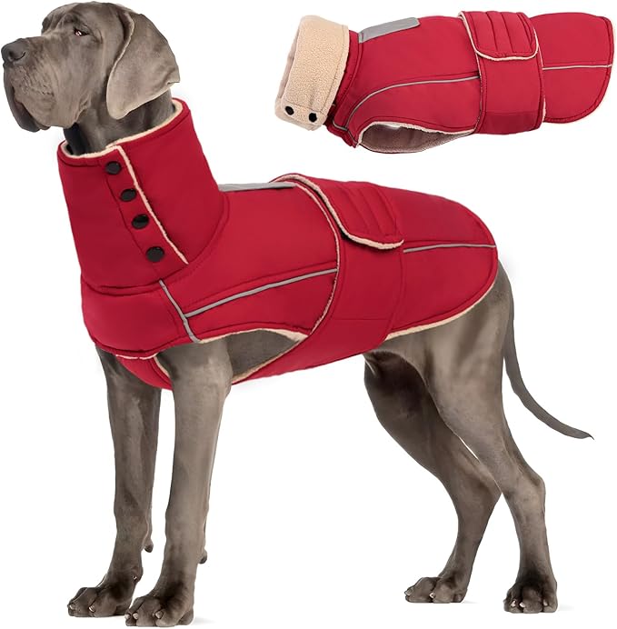ASENKU Warm Dog Coat, Waterproof Dog Jackets for Large Dogs with Reflective Fleece Vest Turtleneck with Button,Windproof Cold Weather Coats for Small Medium Large Dogs, Dark Red, 2XL