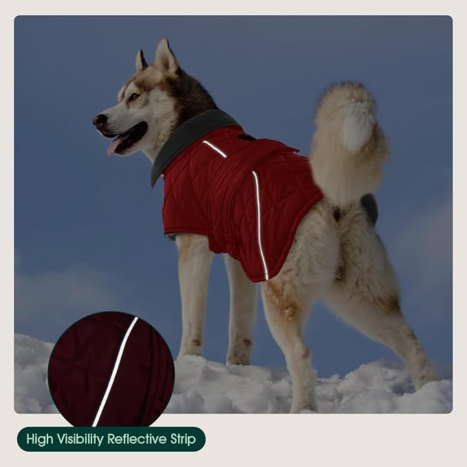 Kuoser Super-Warm Dog Jacket, Fleece Lined Turtleneck Snowsuit for Extra Large Dogs Boy Girl, Windproof Reflective Dog Winter Coat Christmas Pet Cold Weather Clothes, Red 2XL