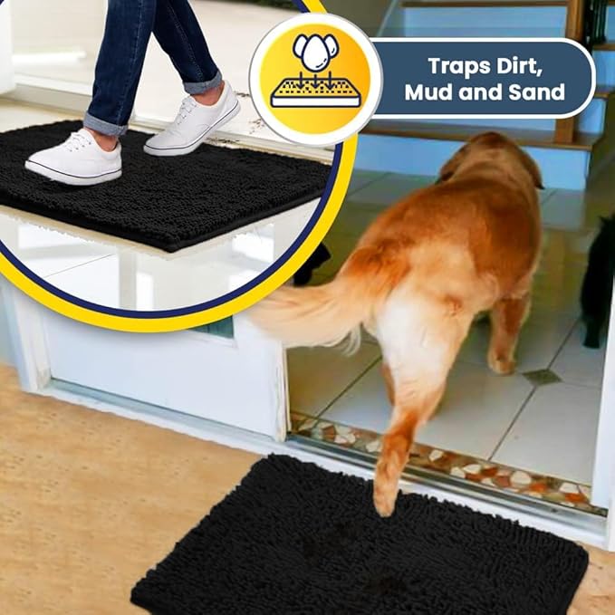 Muddy Mat® AS-SEEN-ON-TV Highly Absorbent Microfiber Door Mat and Pet Rug, Non Slip Thick Washable Area and Bath Mat Soft Chenille for Kitchen Bathroom Bedroom Indoor and Outdoor - Black XXXL 72"X48"