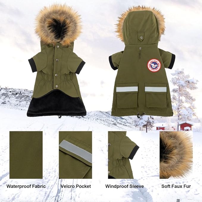 PINA Small Dog Coats - Waterproof & Windproof, Reflective Dog Jacket with Pocket, Warm Flannel Lining & Faux Fur Hood for Cold Weather