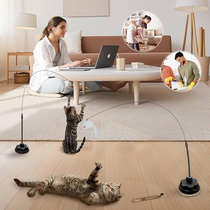 Suction Cup Cat Toys for Indoor Cats,3 in 1 Interactive cat Toys for Indoor Cats,Self Play or Handheld,Feathers & Bells,Realistic Toy Mouse and Silvervine Sticks(Pink)