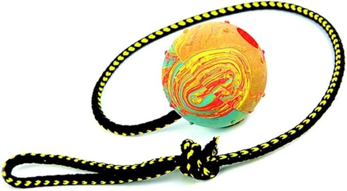 Dingo Nubby Dog Ball - Fully Rubber-Filled, with 60 cm Long Rope - Suitable for Fetching, Dog Sports, Agility, Playtime - Medium Size - Random Colour
