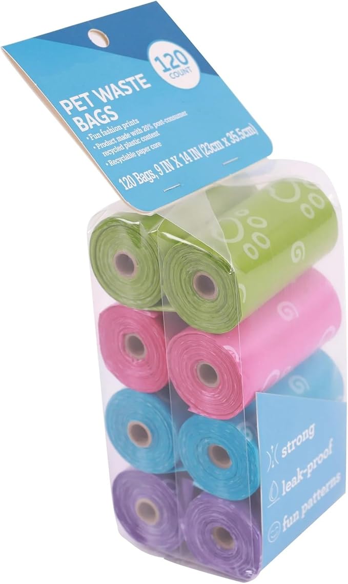 Fashion Dog Waste Bags 120 Count – Leak-Proof Poop Bags for Dogs and Cats, Durable Doggie Bags with Fun Blue Prints, Pet Waste Bags for Clean-Up. (Pack of 2)