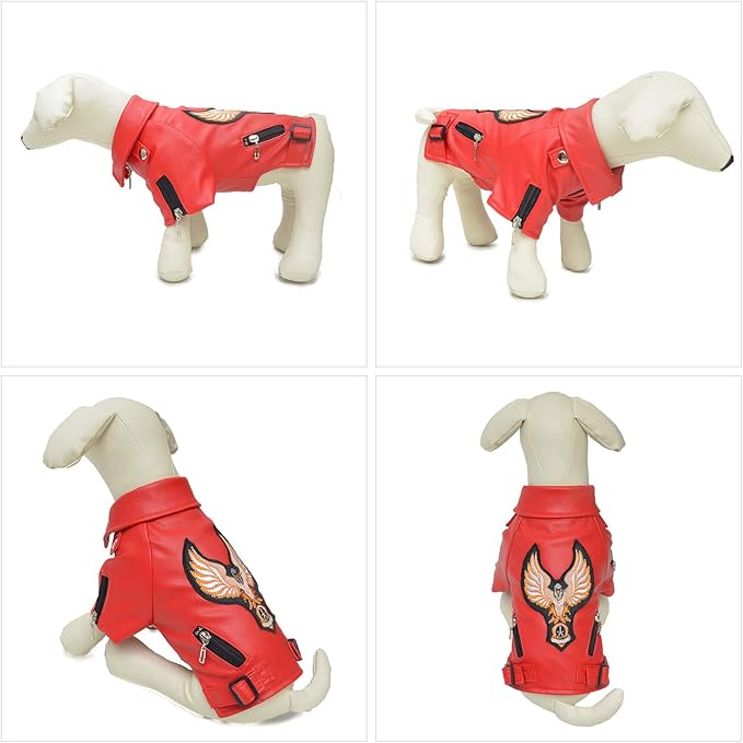Lovelonglong Cool Dog Leather Jacket, Warm Coats Dogs Windproof Cold Weather Coats for Large Medium Small Dogs with Eagle Embroidery Red B-S