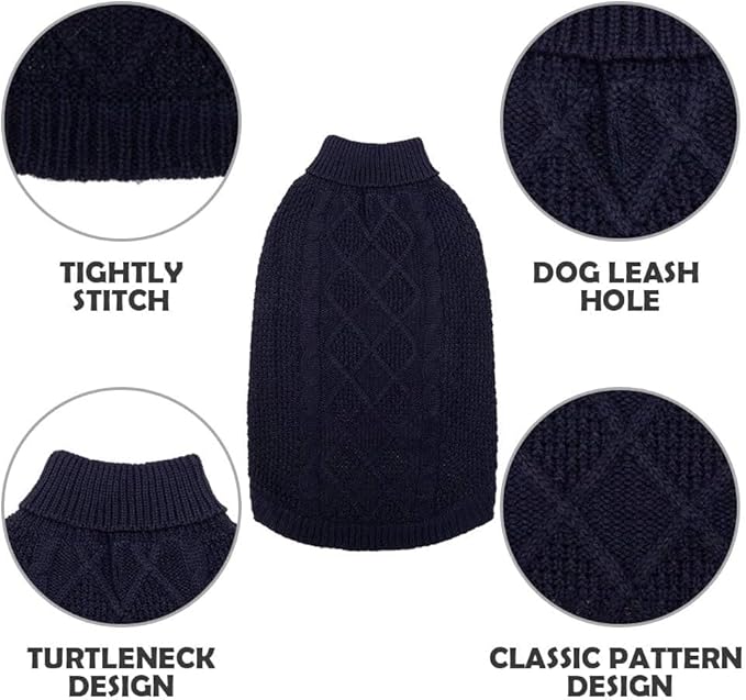 Mihachi Turtleneck Dog Sweater - Winter Coat Apparel Classic Cable Knit Clothes with Leash Hole for Cold Weather, Ideal Gift for Pet in New Year Navy Blue XL