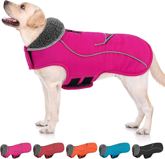 SUNFURA Dog Coat, Large Dog Jacket Reflective Winter Coat for Cold Weather, Windproof Pet Snow Jacket with Pocket, Warm Fleece Sweater Clothes for Large Dogs, Hot Pink L