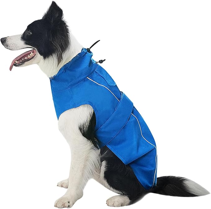 Waterproof Dog Raincoat, Adjustable Lightweight Dog Rain Jacket with Reflective Strip Leash Hole for Small Medium Large Dogs (Blue, X-Large(37-55lb))